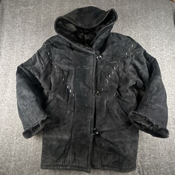 Gallery Jackets & Blazers - Gallery Genuine Suede Leather Coat Womens Sz M Black Faux Fur Lining & Trim Warm